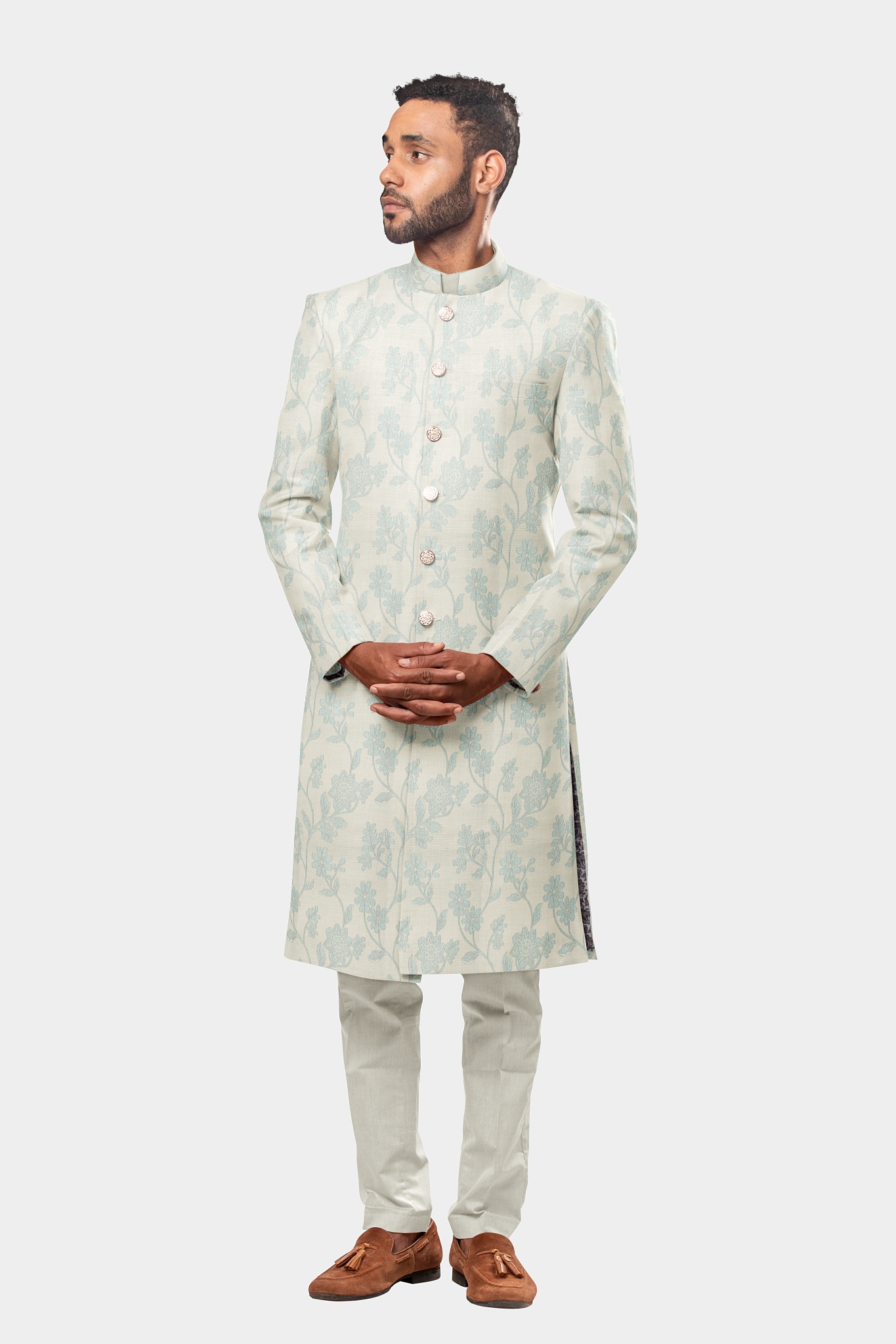 Misty Skyline with Indigo and Silver Leaf Accents Sherwani 33JK